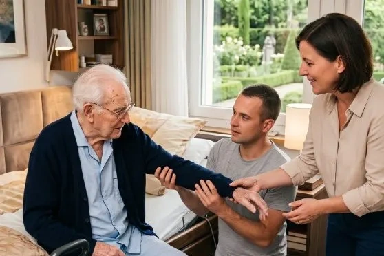 Pflegefachperson zeigt einem Angehörigen auf Hausbesuch, wie er seinen Vater unterstützt