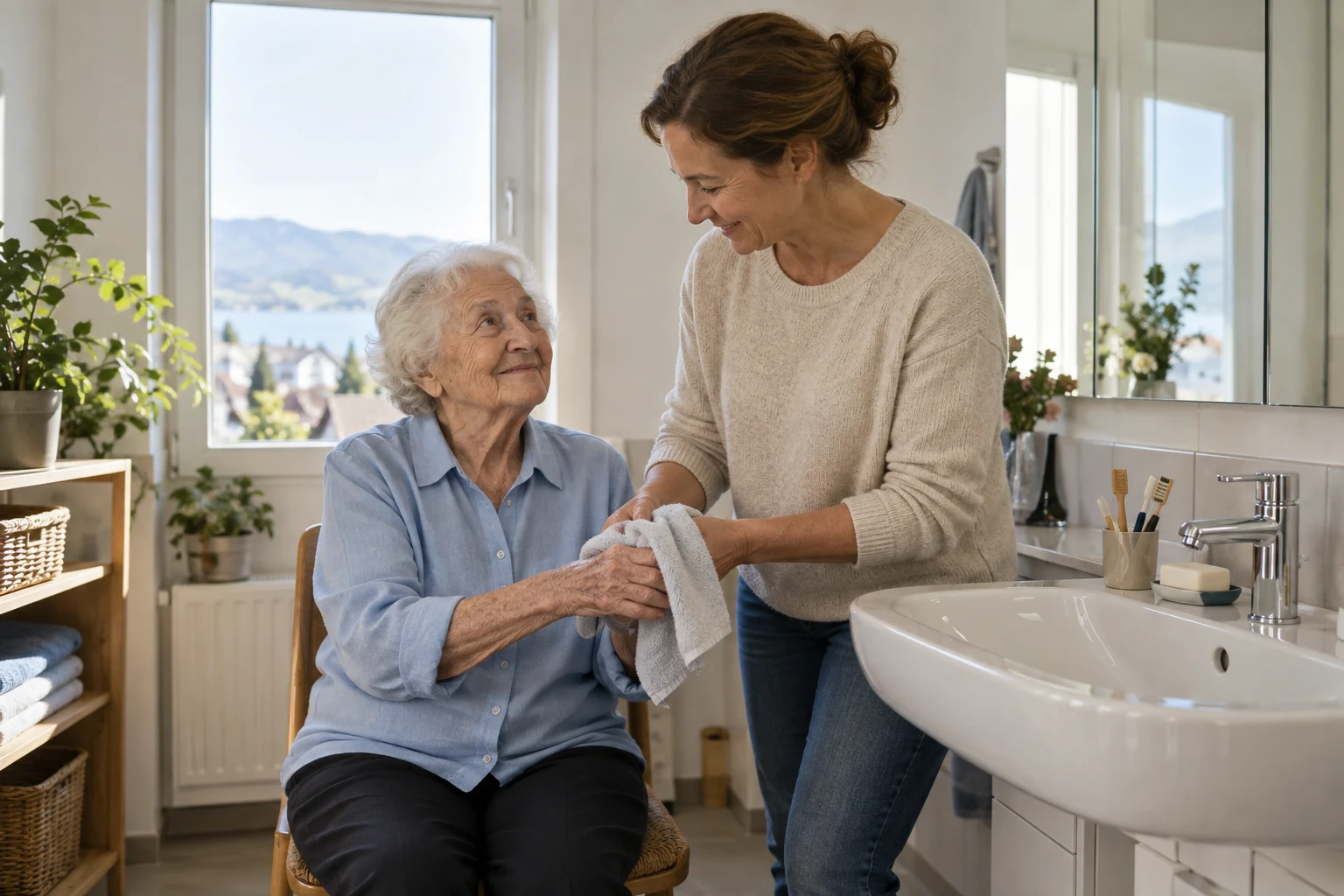 Eine Tochter hilft ihrer älteren Mutter, die Hände mit einem Handtuch zu trocknen