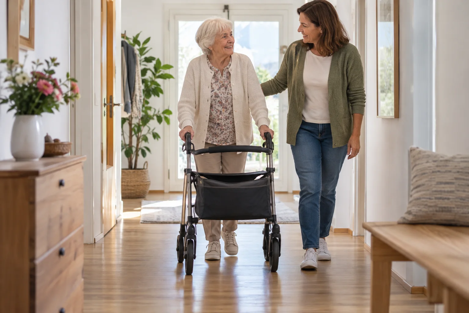Ältere Frau geht mit einem Rollator durch einen freien, hellen Flur, begleitet von ihrer Tochter
